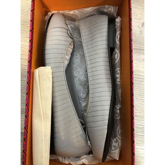 TORY BURCH Cap Toe Quilted Ballet Flat Bay Gray Leather Shoes Sz 10 BRAND NEW - Picture 7 of 10